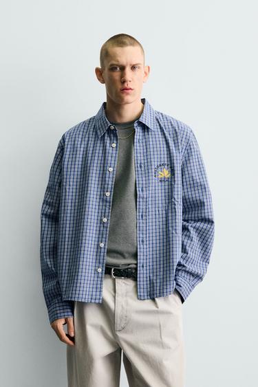 CROPPED FIT CHECK EMBROIDERED SHIRT - Blue by Zara