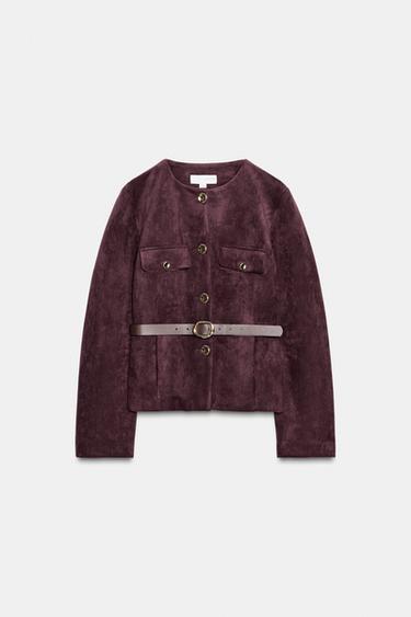 FAUX SUEDE BLAZER WITH BELT - Burgundy by Zara