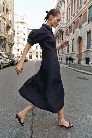 ROBE MI-LONGUE EN POPELINE À MANCHES BOUFFANTES - Bleu marine de Zara - Image 6