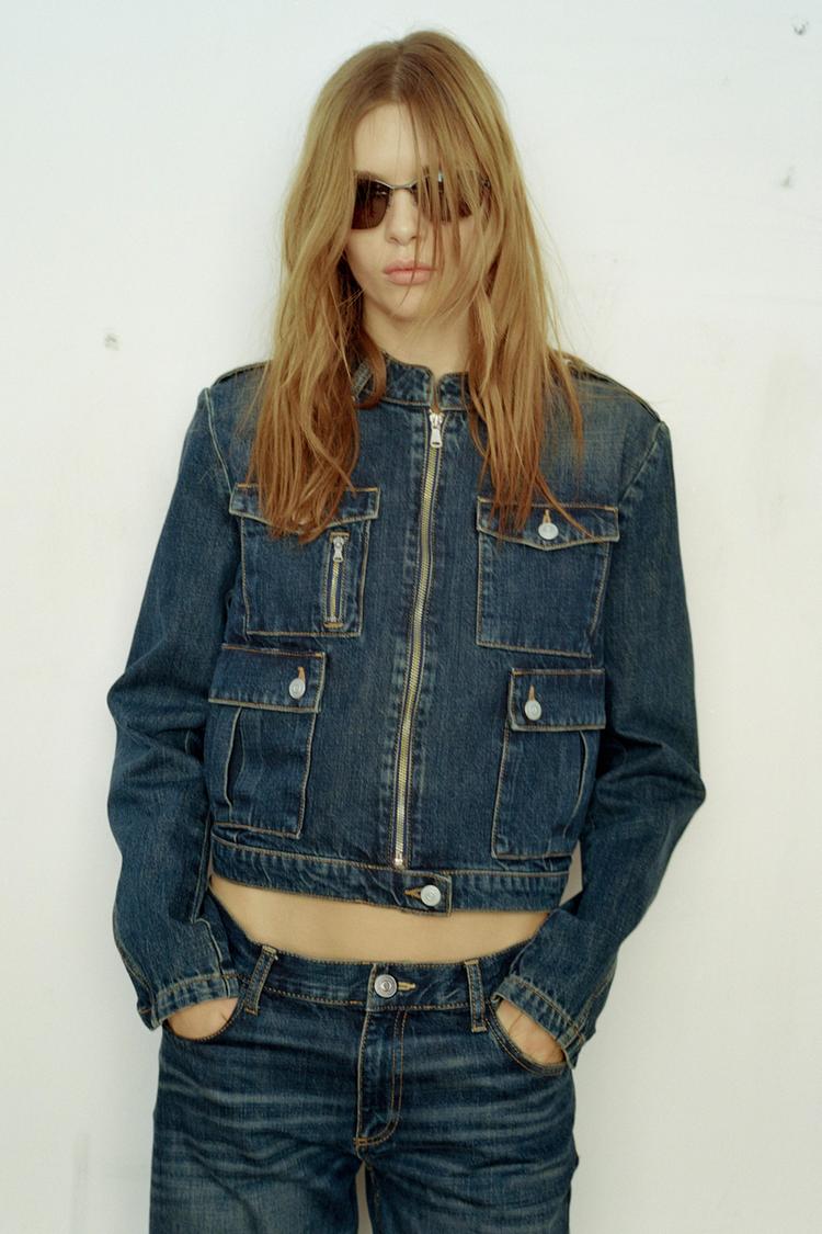 FITTED TRF DENIM JACKET WITH POCKETS — Navy blue