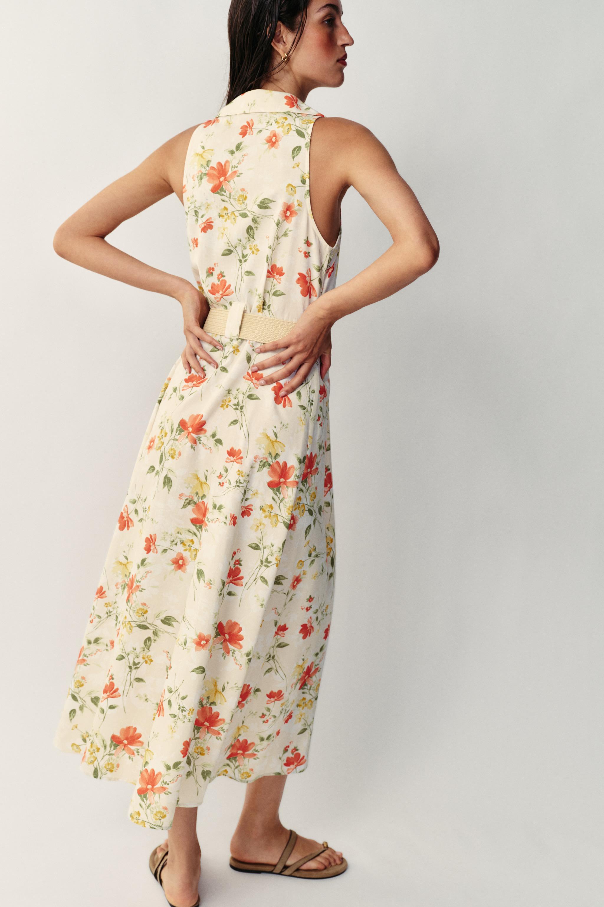Zara Çiçek Desenli Kemerli Midi Elbise görsel 6