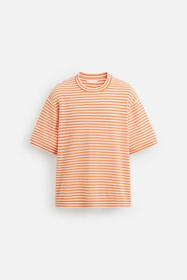 CAMISETA PUNTO TEXTURA RAYAS - blanco-naranja de Zara