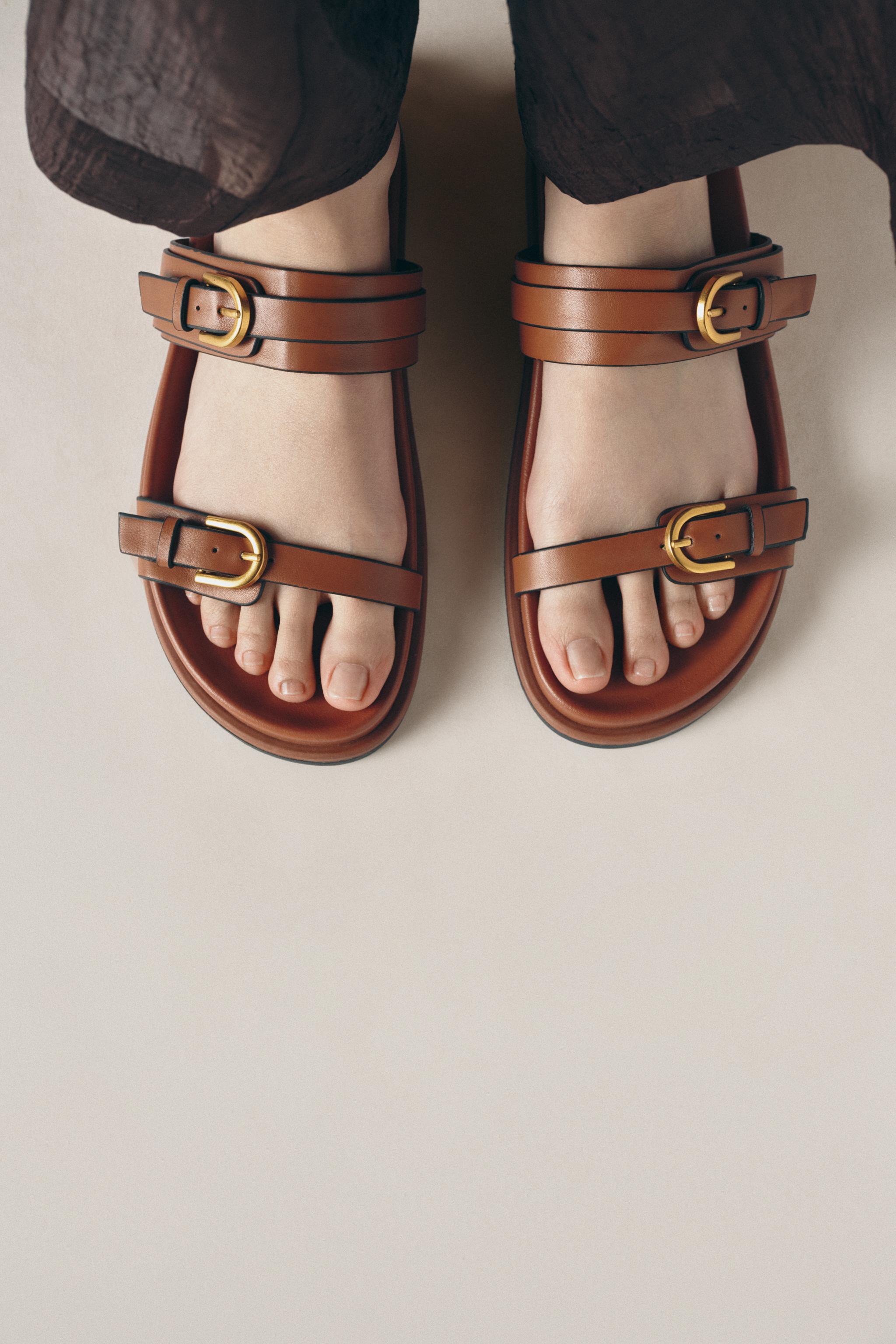 BUCKLED FLAT SLIDER SANDALS - Brown | ZARA India