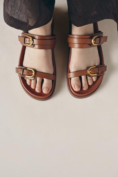 BUCKLED FLAT SLIDER SANDALS - Brown by Zara - Image 0