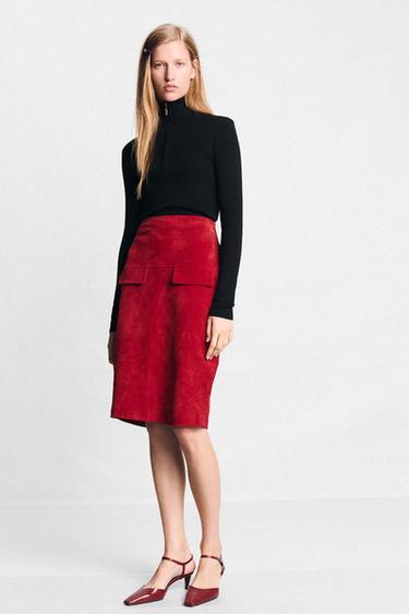100% LEATHER MIDI SKIRT - Bright red by Zara