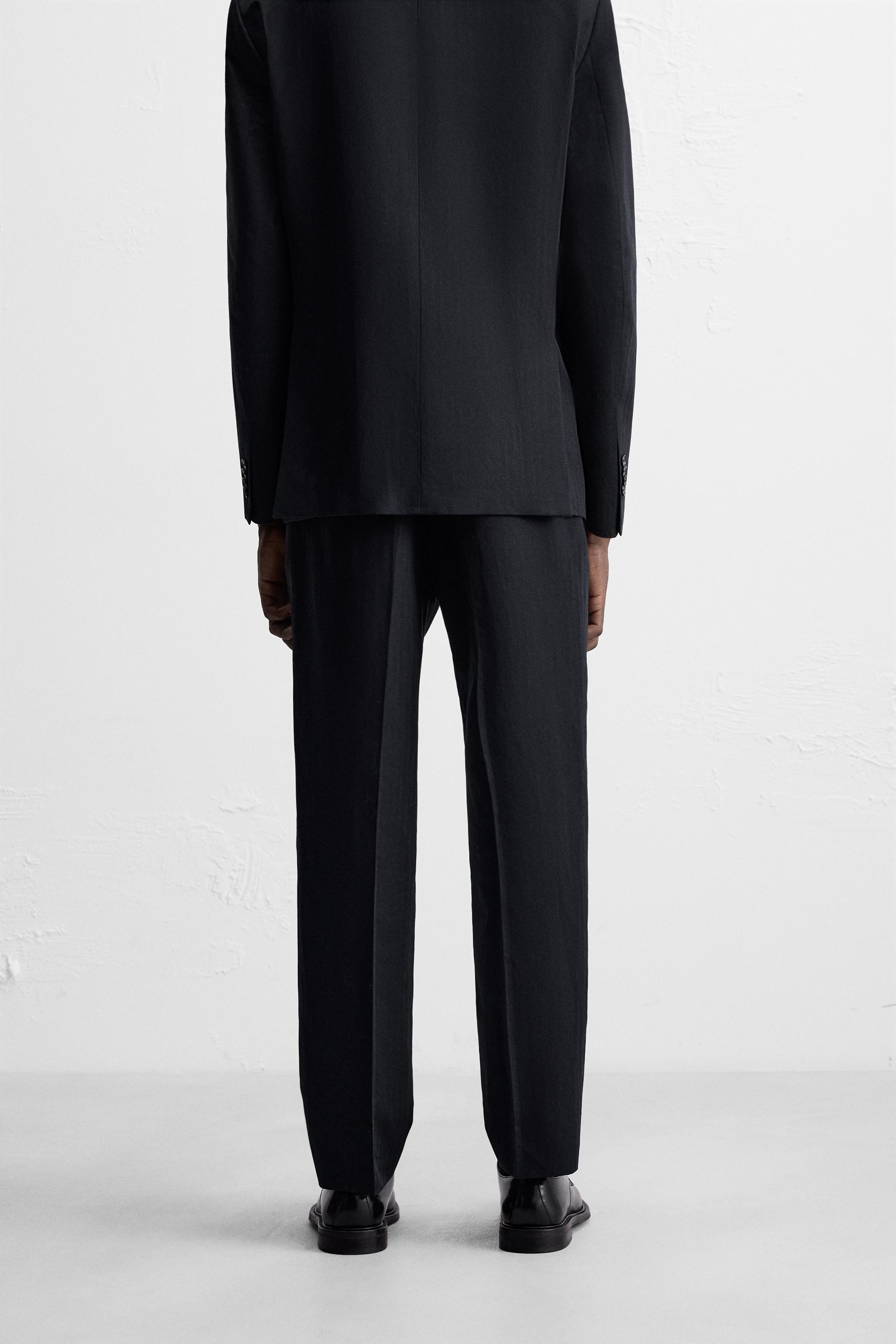 HERRINGBONE LINEN COTTON SUIT PANTS - Navy blue | ZARA