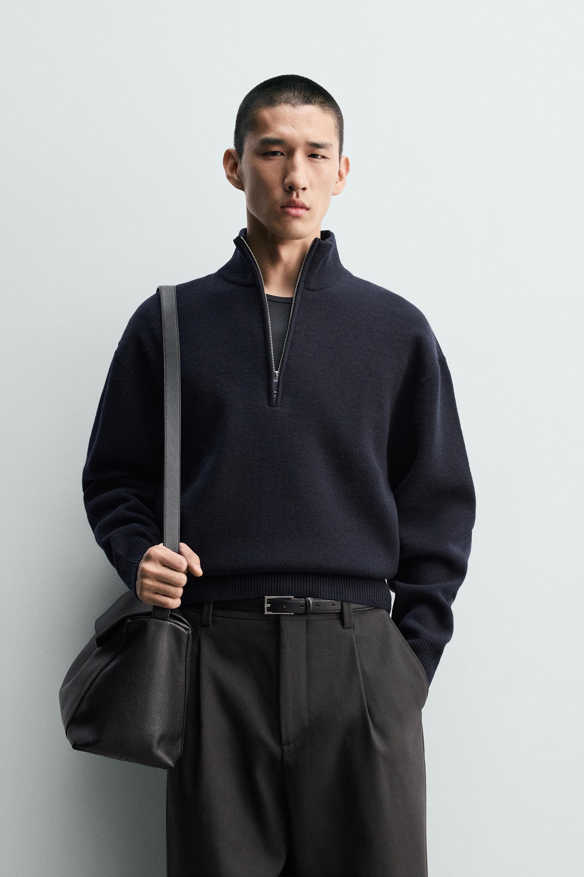 【3点セット】ZARA MAN　スエット　パンツ　春セーター セーター ニット 「SOMEDIFF」変わり編み長袖ケーブルニットセーター メンズ クルーネックニット タイト モックネックニット セーター リブ タ