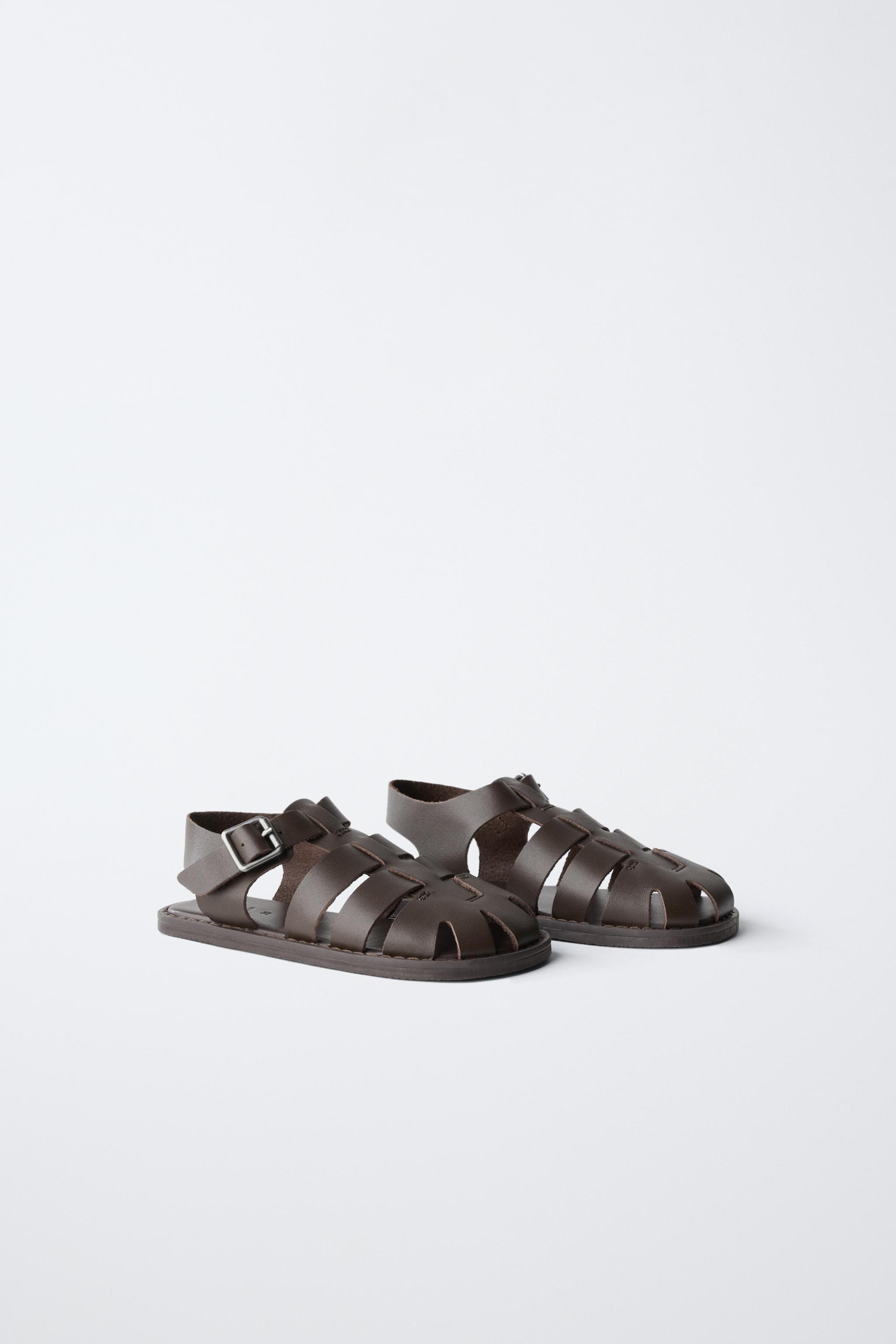 LEATHER CAGE SANDALS — Brown
