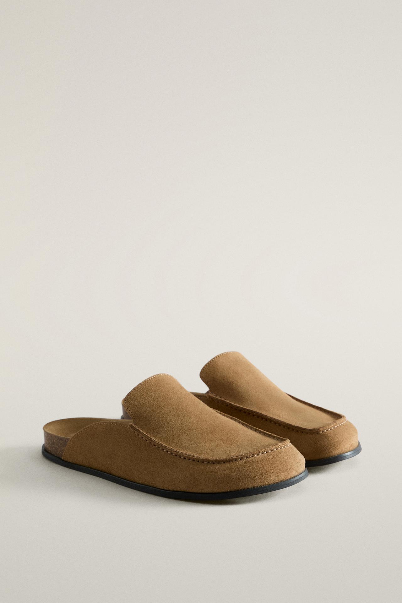LEATHER MULE CLOG SLIPPERS — Brown