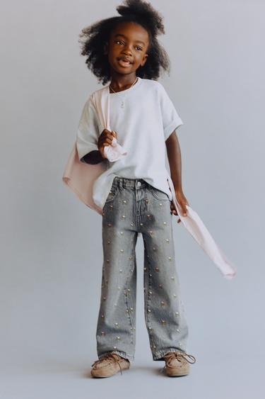 JEANS CULOTTE BORDADOS COM TULIPAS - Cinzento da Zara