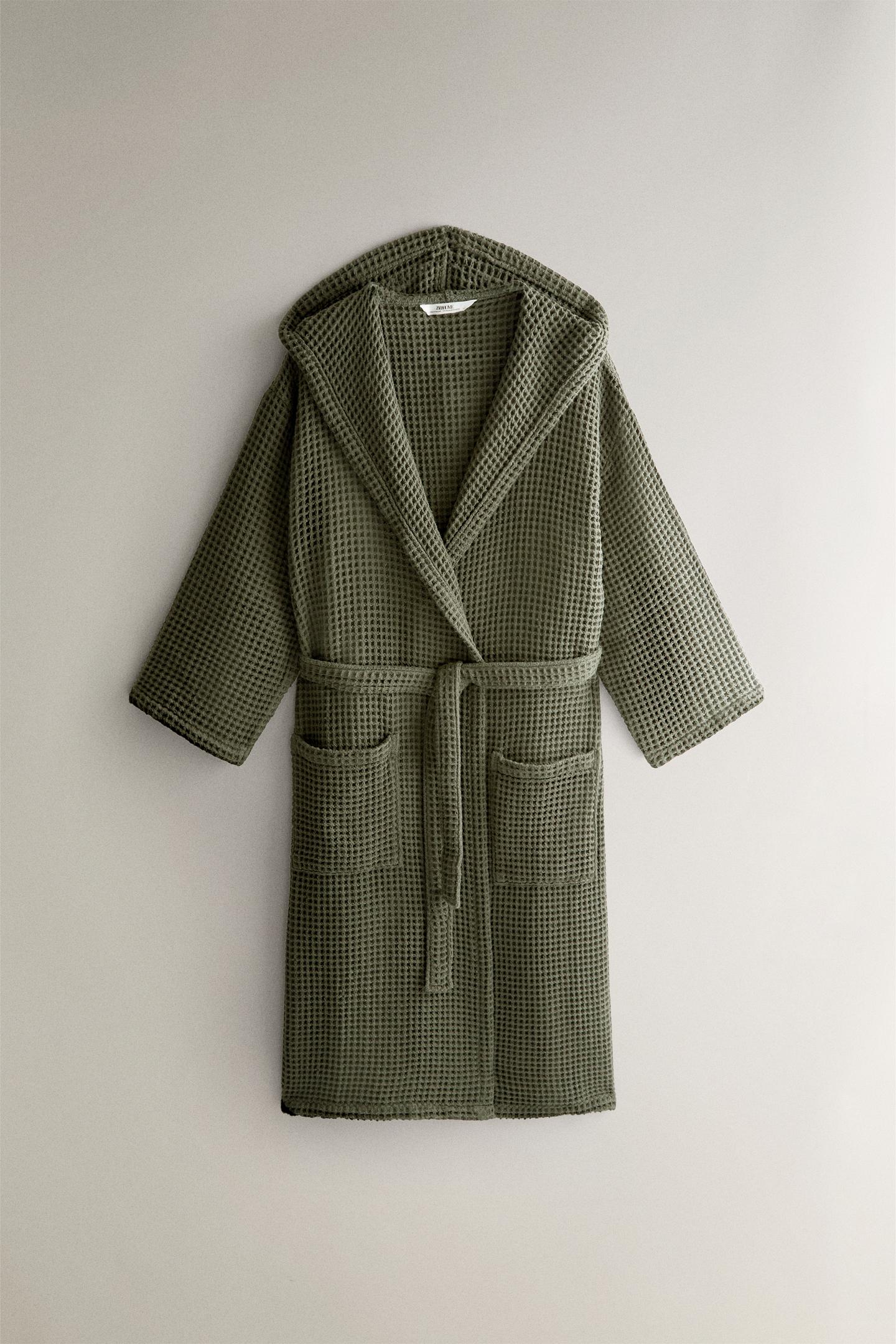 Халат, хлопок, вафельная ткань — Zara, цвет: Тёмный зелёный — фото 1