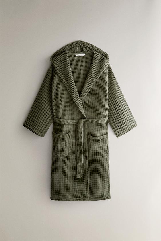 Zara WAFFLE-KNIT COTTON BATHROBE - Dark bottle green - Image 0