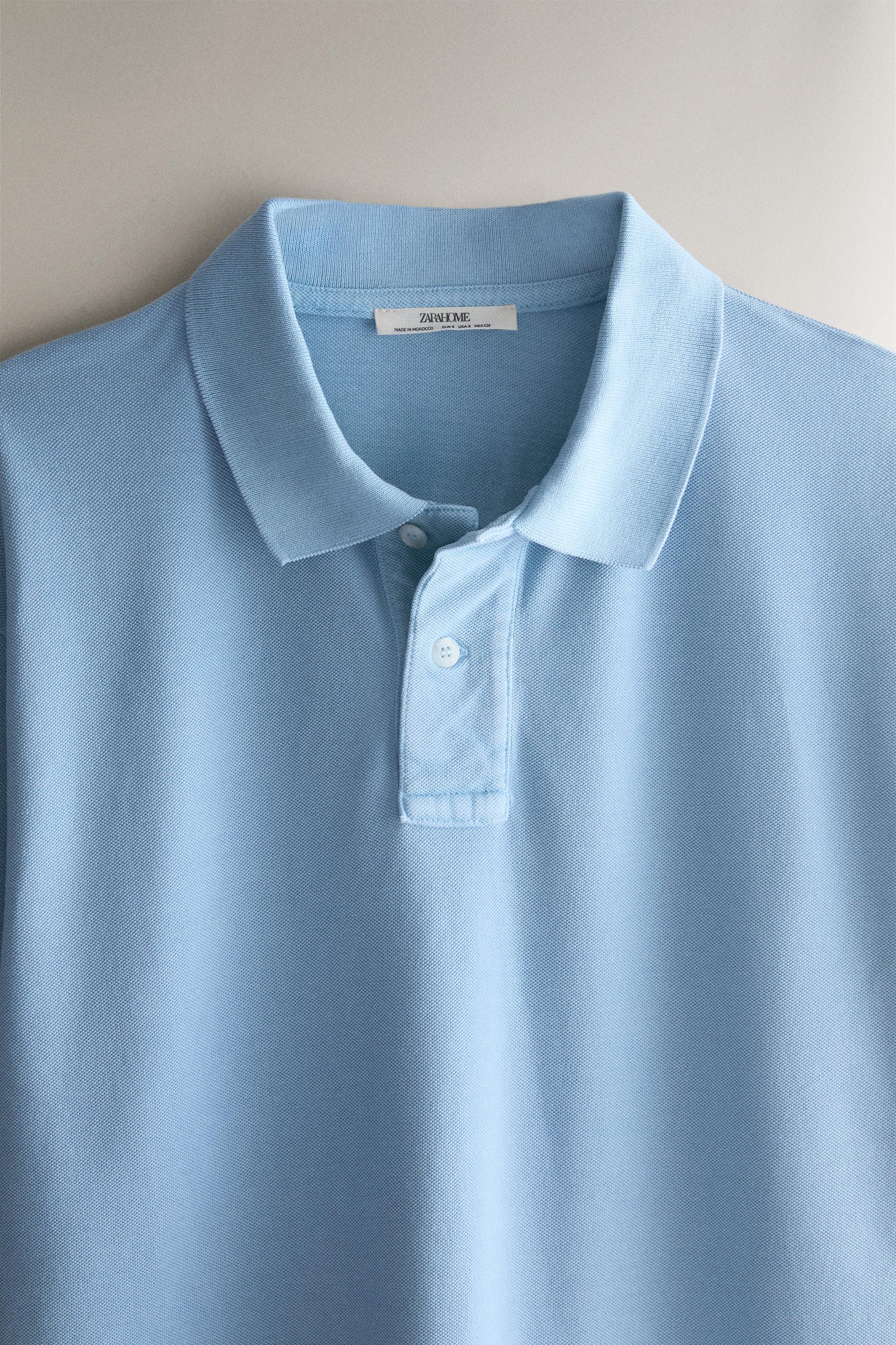 LONG SLEEVE COTTON POLO SHIRT — Light blue