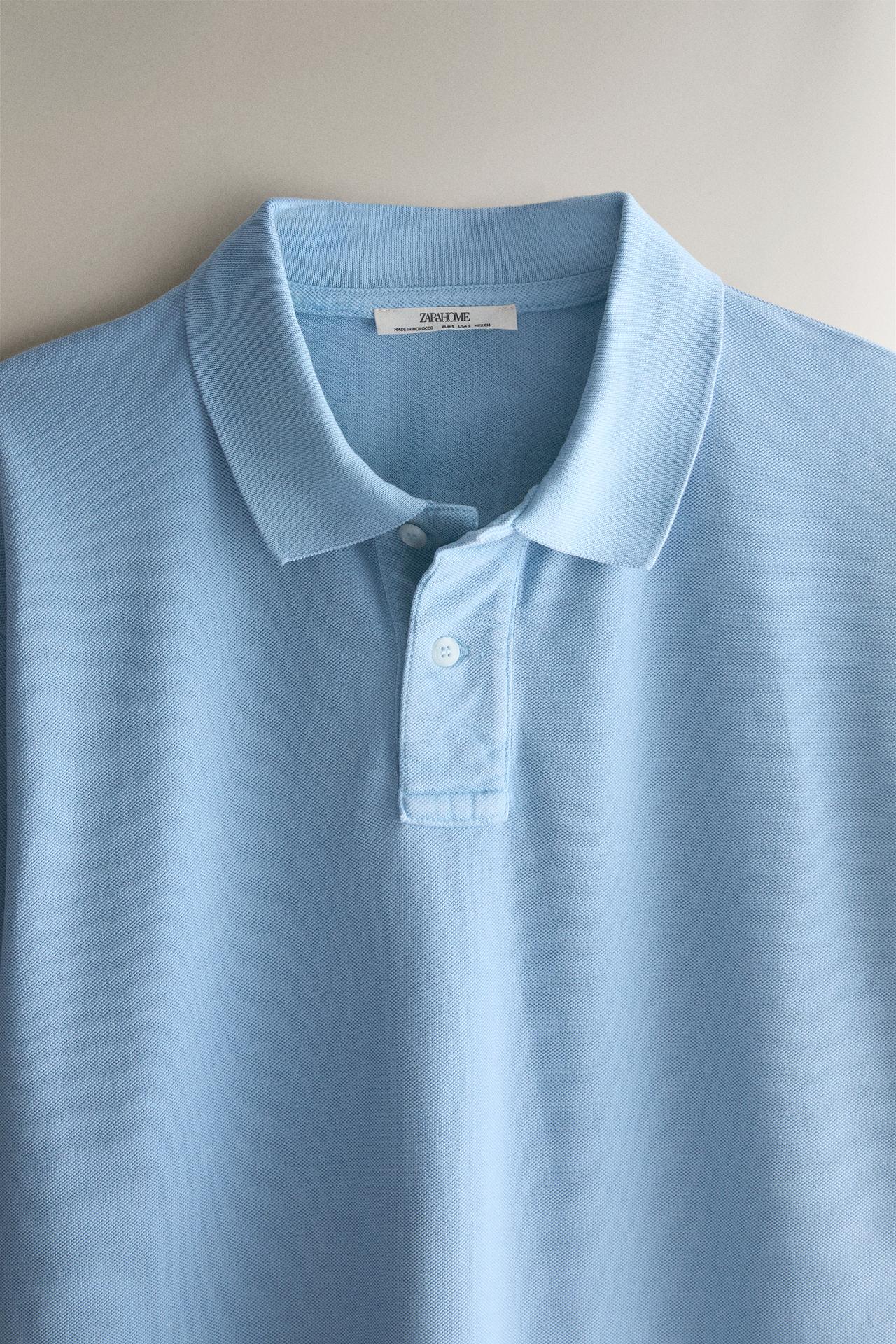 LONG SLEEVE COTTON POLO SHIRT — Light blue