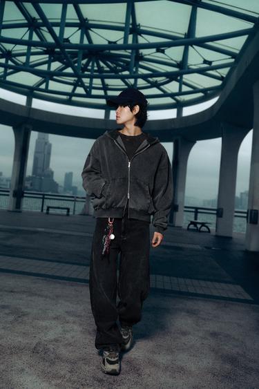 Zara 水洗拉鍊連帽運動衫 - 淺灰色
