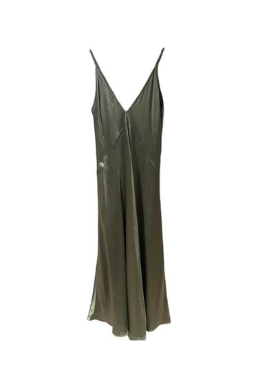 Olive green maxi dress with spaghetti straps and a V-neck, on a white background.