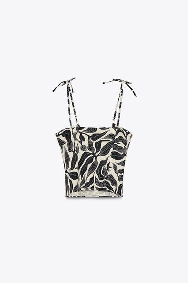 TOP IMPRIMÉ EN LIN - Noir / Écru de Zara - Image 7