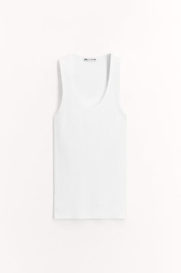 Zara SLEEVELESS RIBBED COTTON T-SHIRT - White