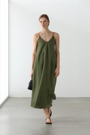 Robe midi fluide à fines bretelles - Vert de Zara - Image 0