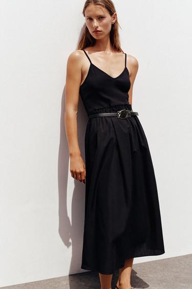Zara BELTED COMBINATION MIDI DRESS - Black