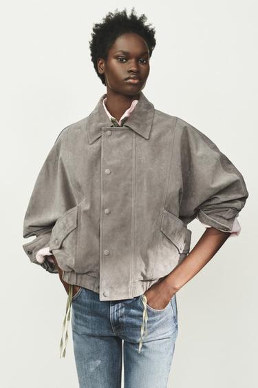 Zara 100% SUEDE LEATHER JACKET - Light gray