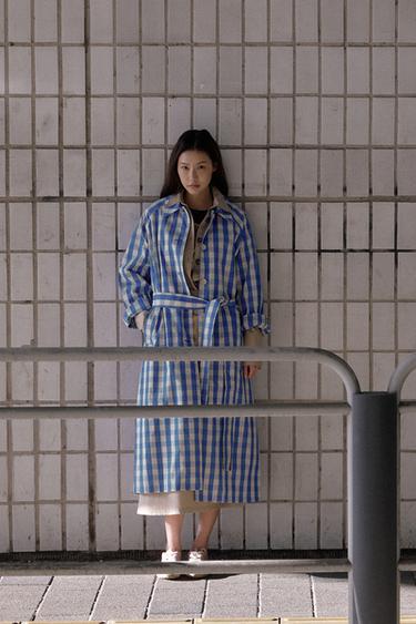 깅엄 체크 트렌치 코트 - Zara 블루 /화이트