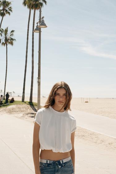 Zara CROPPED PUFF HEM T-SHIRT - White