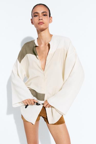 Chemisier fluide patchwork col officier - Écru de Zara