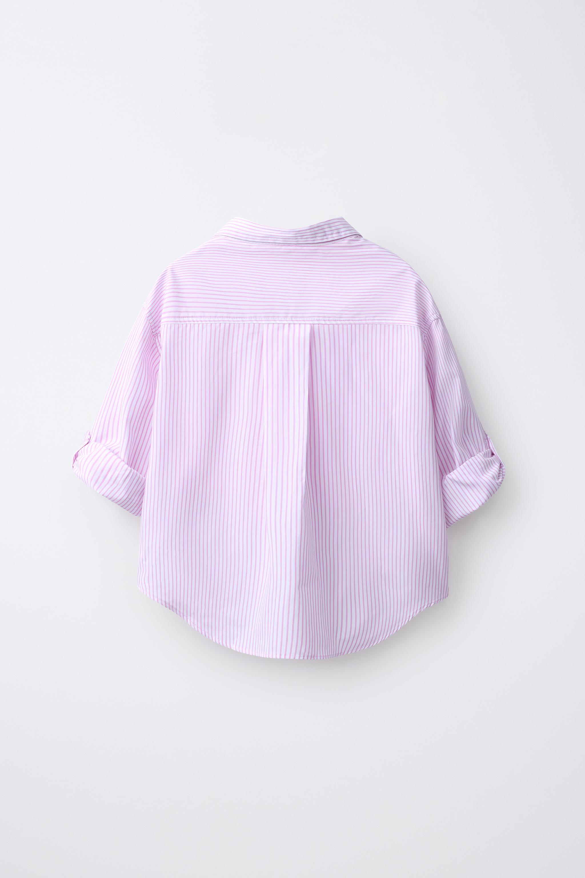 STRIPED SHIRT AND EMBROIDERED RIB T-SHIRT SET — Pink