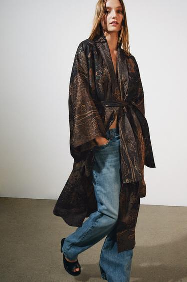 Zara LINEN BLEND JACQUARD LONG KIMONO - Brown