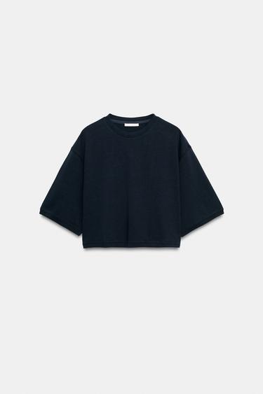 Zara OVERSIZED CROP TOP - Navy blue