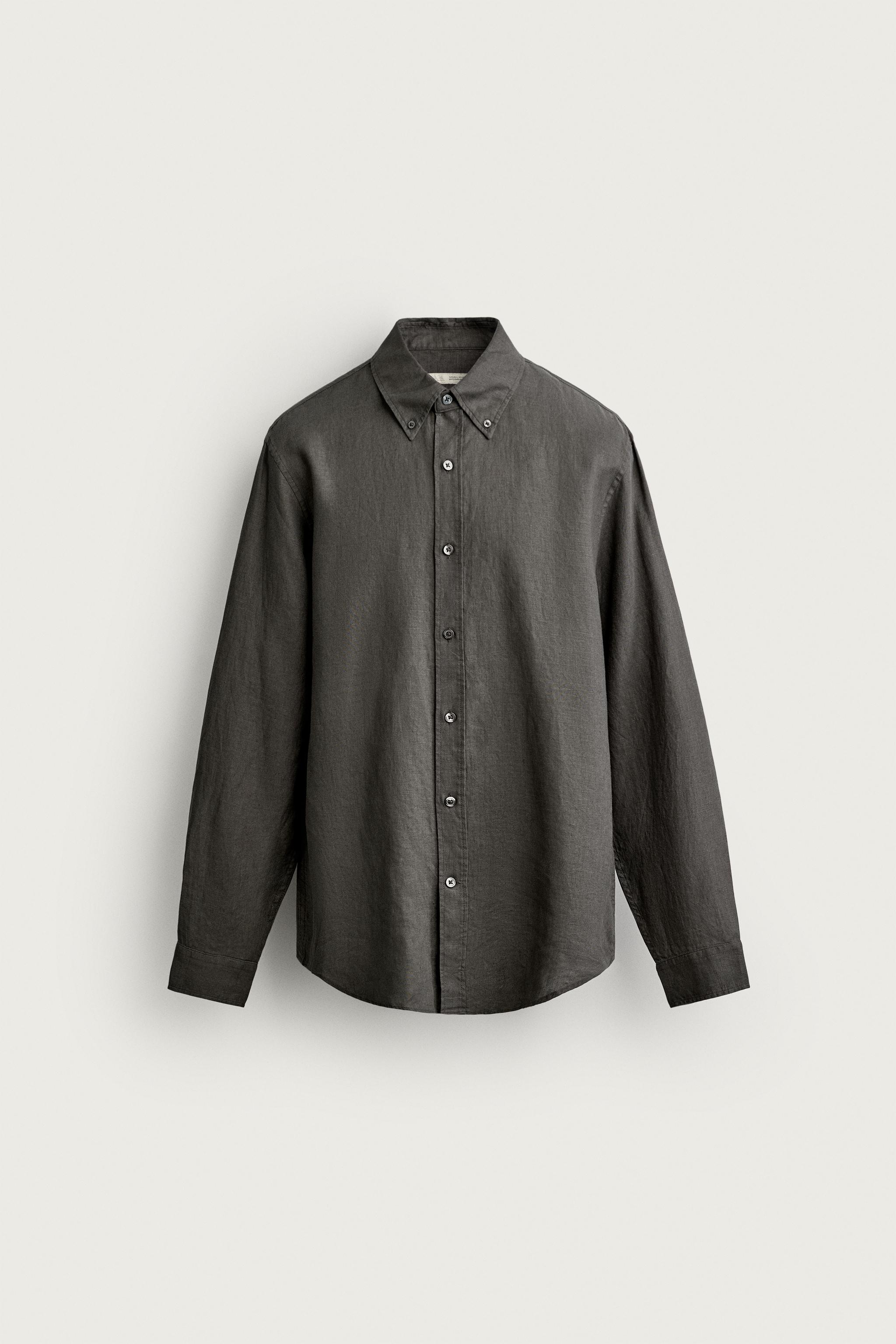 100% LINEN REGULAR FIT SHIRT — Dark khaki
