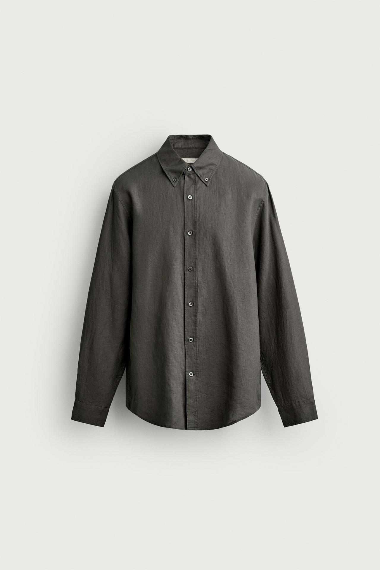100% LINEN REGULAR FIT SHIRT — Dark khaki