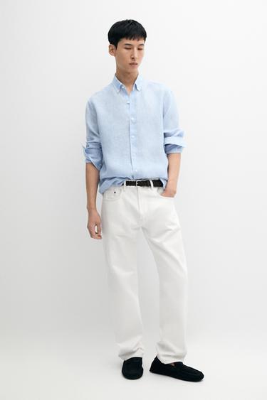 Zara Regular fit pinstriped 100% linen shirt - Sky blue - Image 0