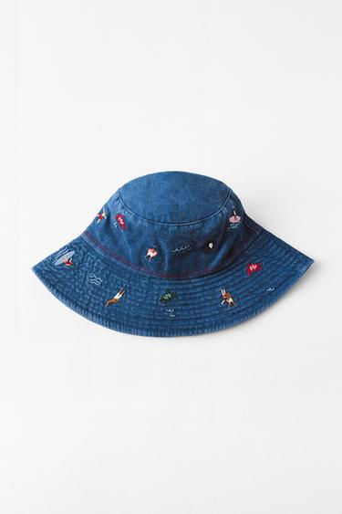 Zara EMBROIDERED BUCKET HAT - Blue