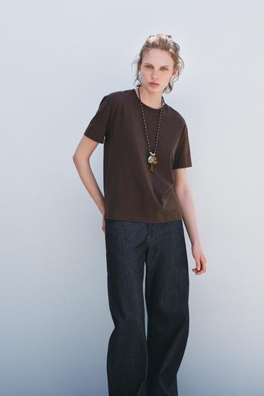 Zara BASIC COTTON T-SHIRT - Brown