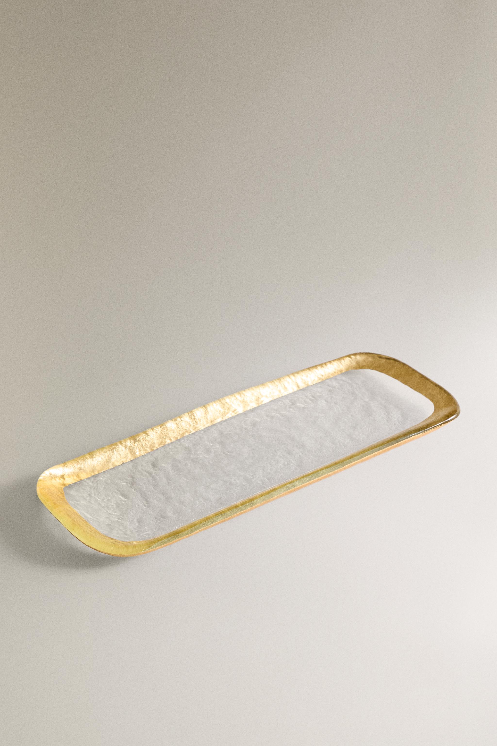 RECTANGULAR GLASS SERVING DISH WITH RIM — Gold