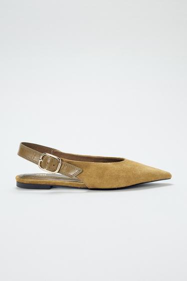 Zara COMBINED LEATHER SLINGBACK SHOES - Khaki Green