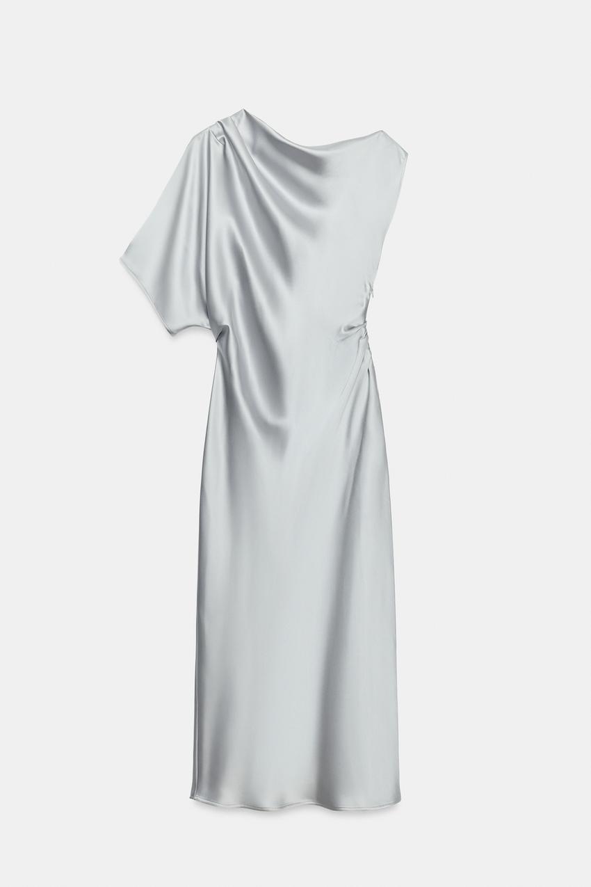 princess polly baby blue dress ZARA ASYMMETRIC SATIN MIDI DRESS 🏷️6290/- Sizes:XS-XL Model height: 176 cm  Asymmetric neckline dress with sleeveless design and gathered detail on the  shoulders. Featuring a back slit and knot detail. Invisible side main image 0