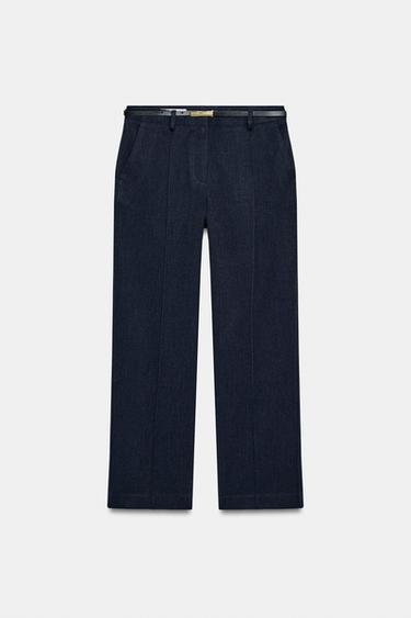 Zara STRAIGHT-LEG PANTS WITH BELT - Navy blue