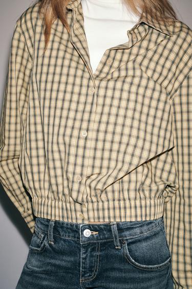 ZW COLLECTION PUFF-SLEEVE CHECK SHIRT — Ecru / Black 2