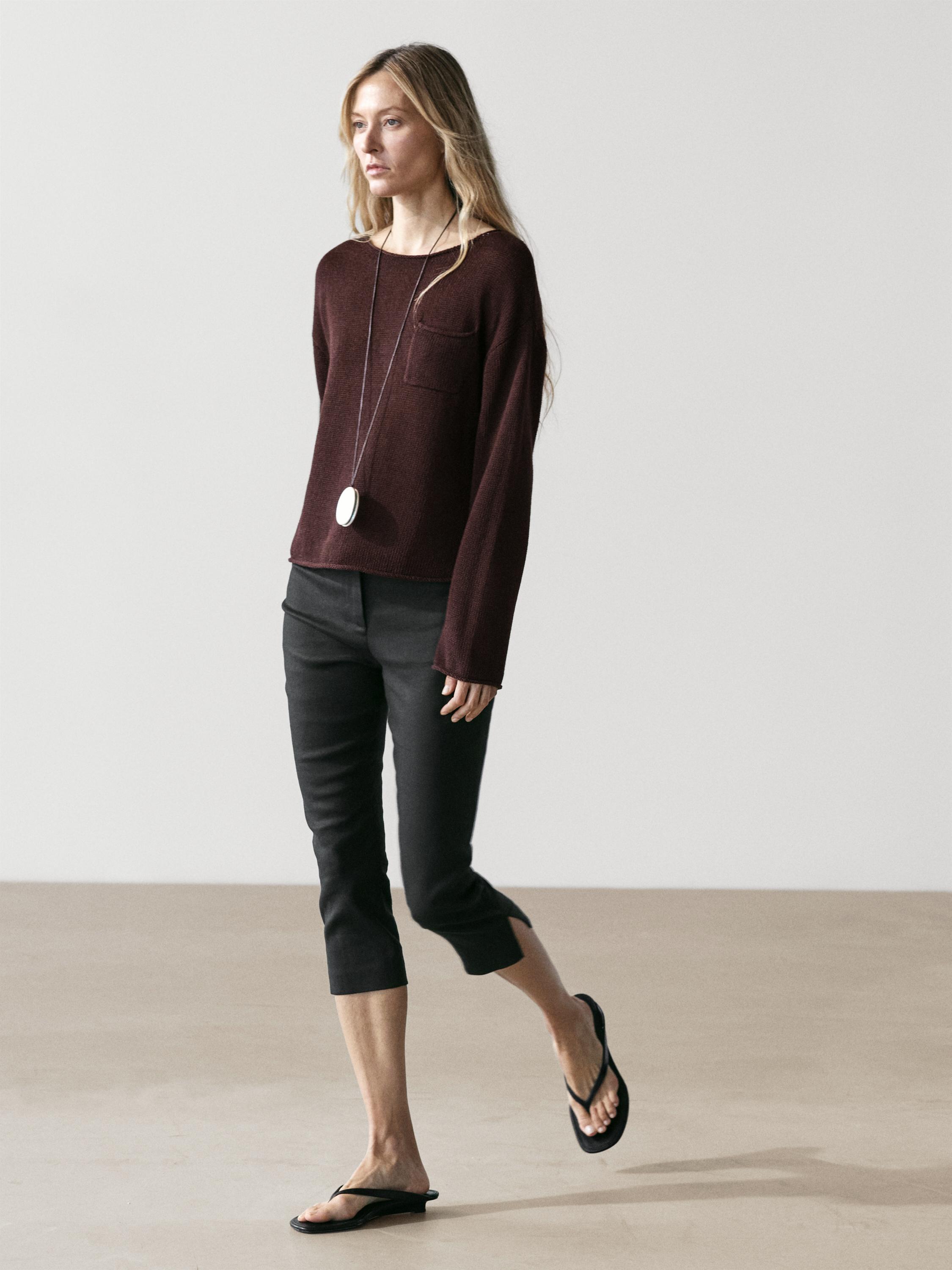 Cotton and linen knit sweater with pocket detail