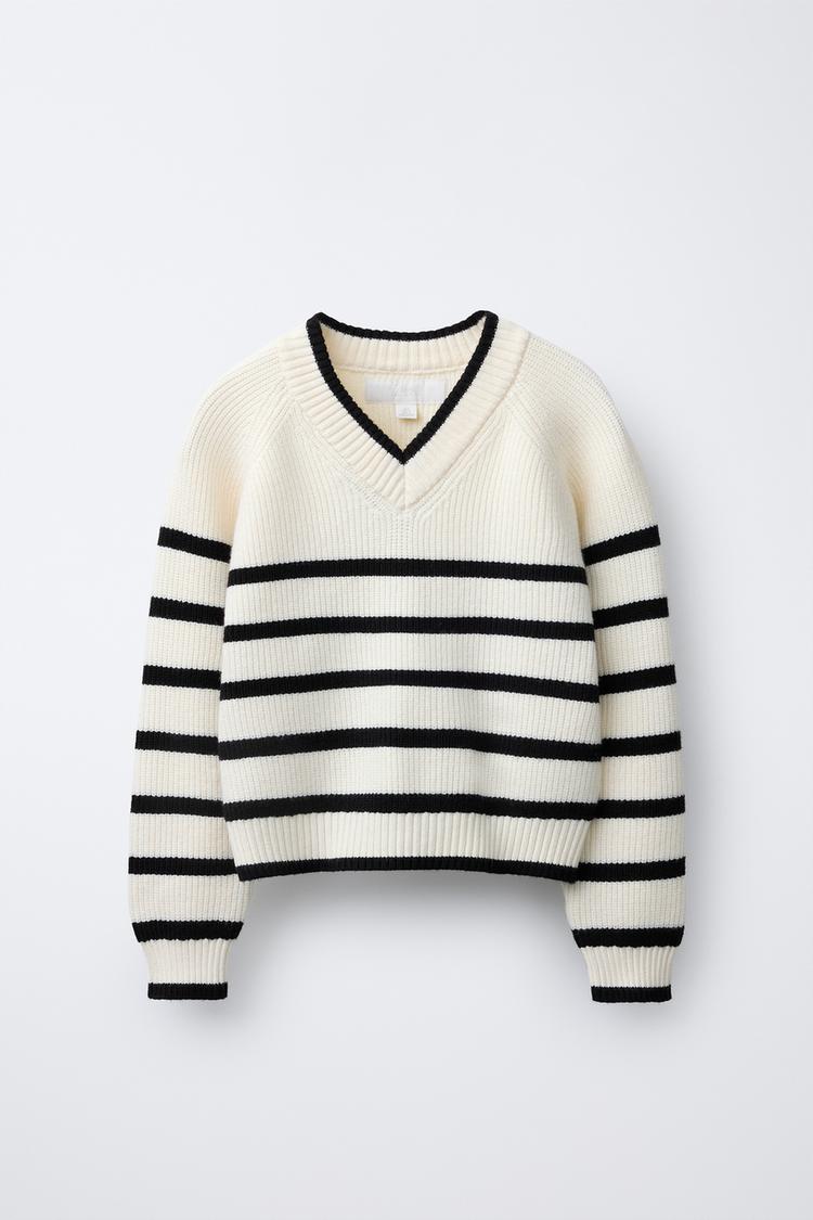 Rib Knit Sweater White Jumper With Black Stripes Women Rib-Knit