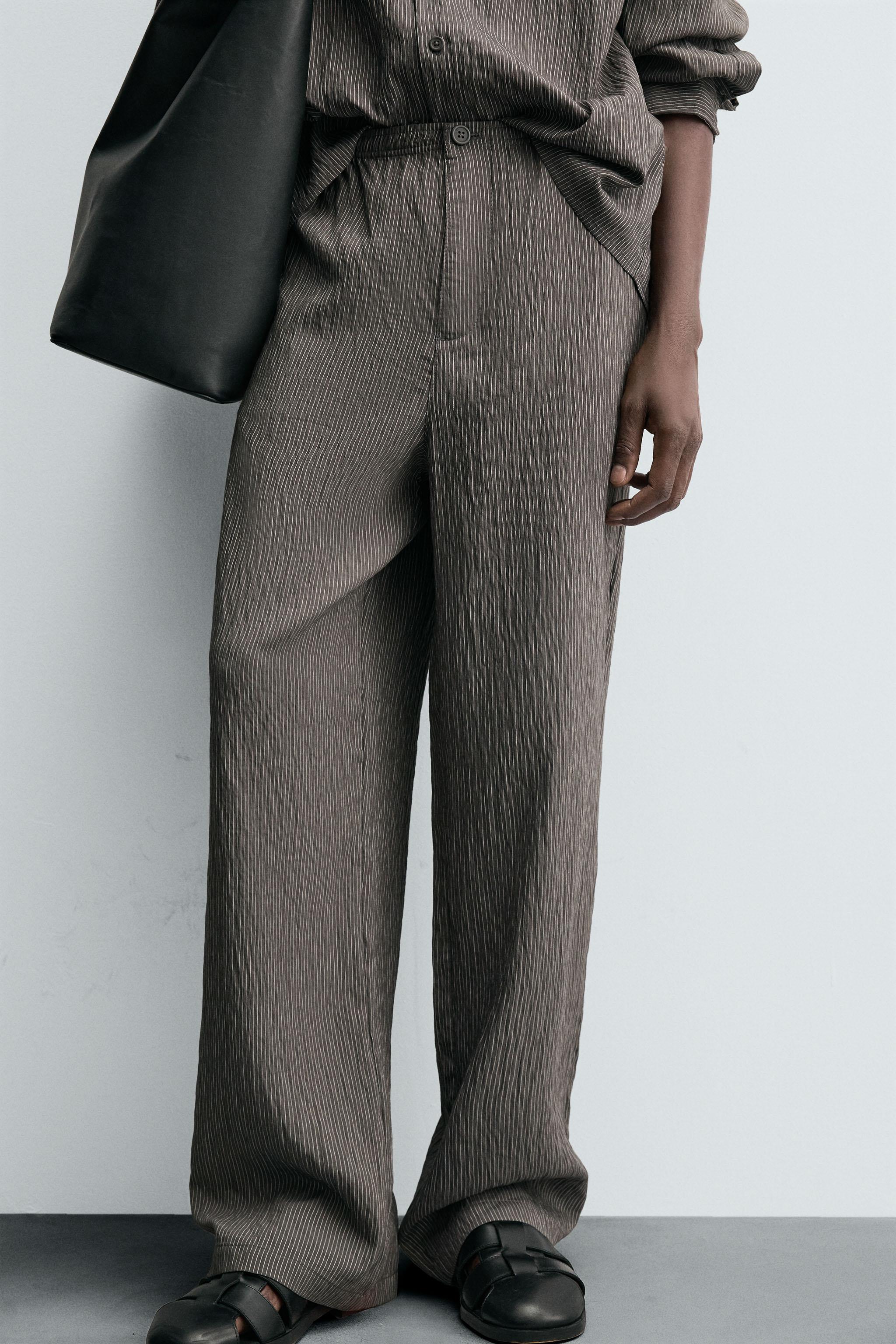 WRINKLED EFFECT STRIPED FLOWY PANTS - Ecru | ZARA United States