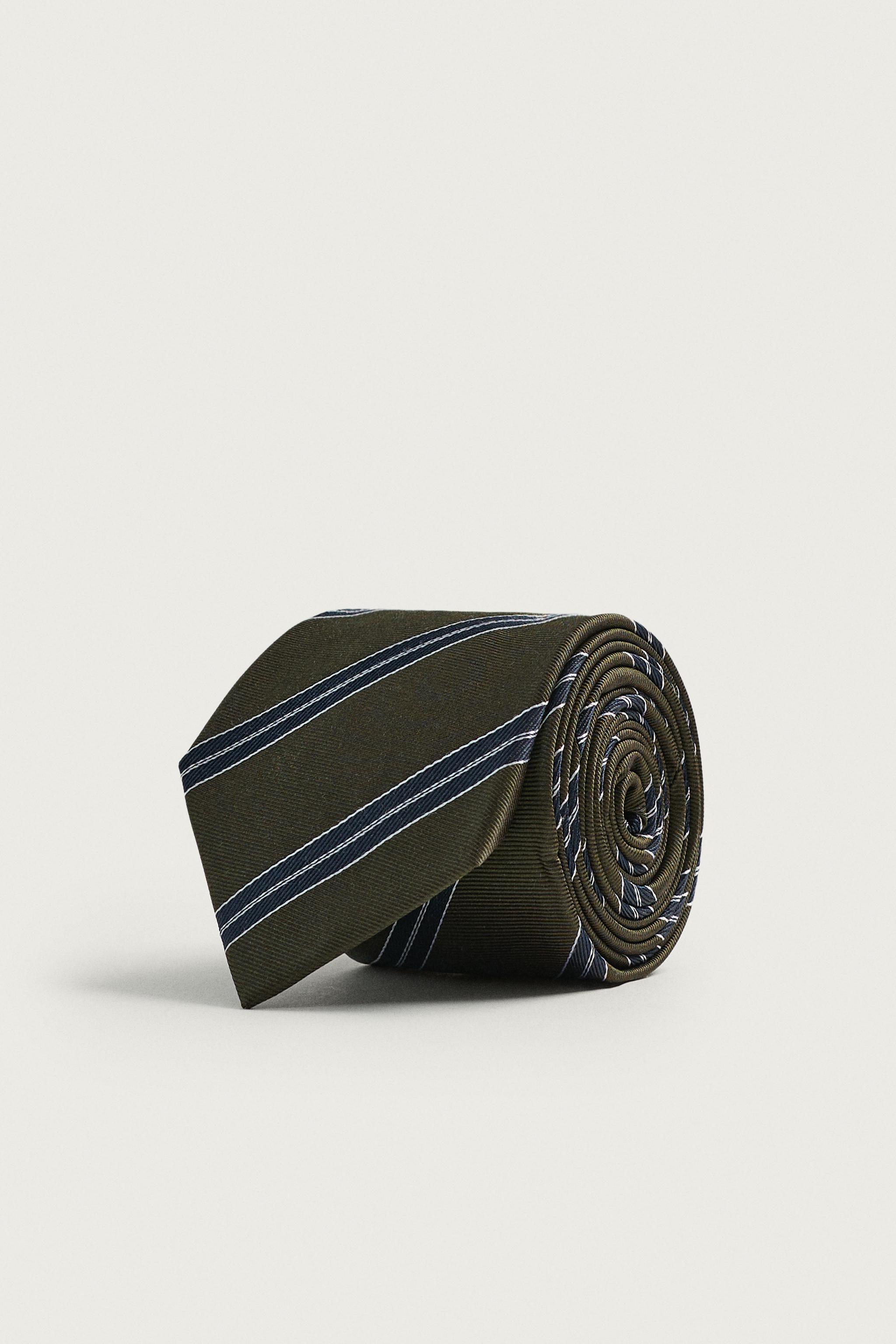 100% SILK STRIPED TIE — Khaki