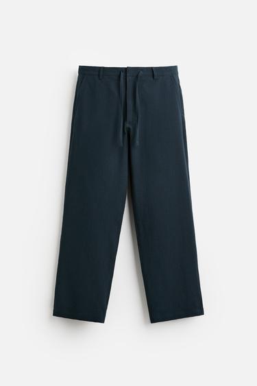 Zara COTTON LINEN BLEND SEERSUCKER PANTS - Navy blue