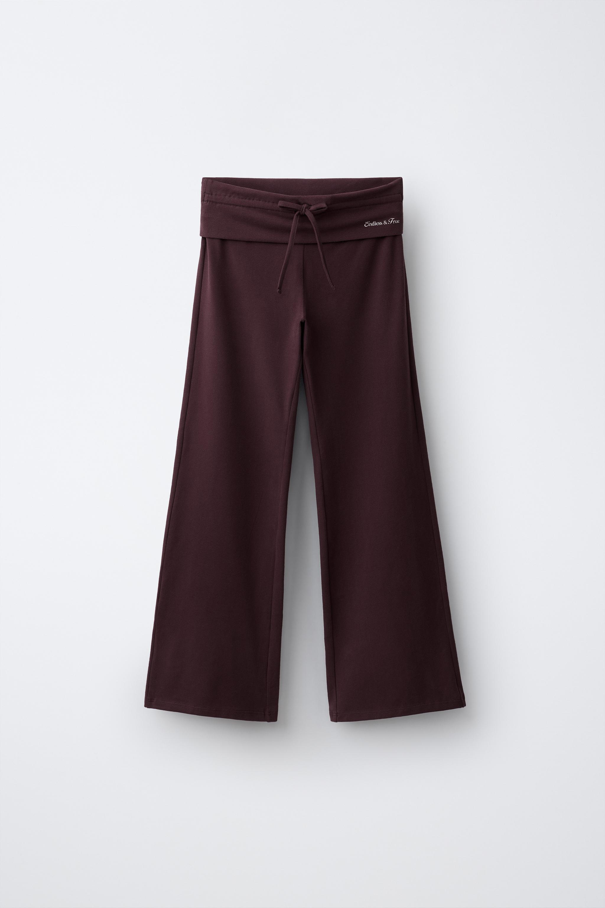 FOLDED WAIST WIDE LEG PANTS — Burgundy