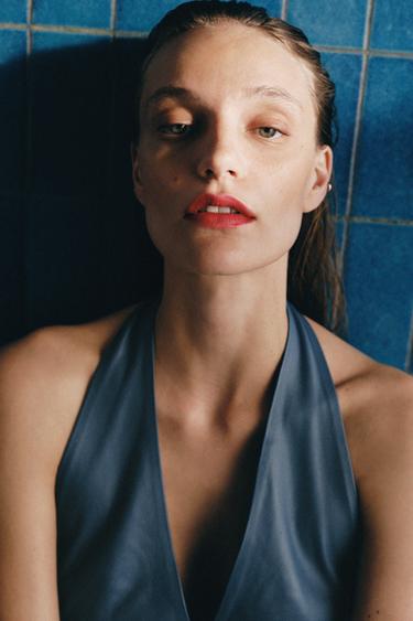 TOP SOUTIEN-GORGE HALTER EN CUIR 100% - Bleu de Zara