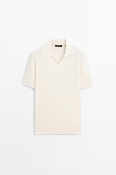 Polo en maille col V coton mélangé - Écru de Zara