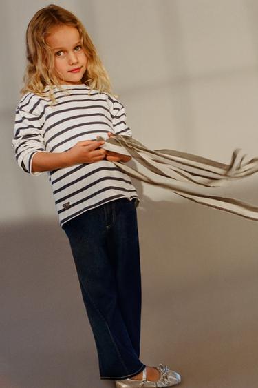 Zara HEAVYWEIGHT STRIPED EMBROIDERED T-SHIRT - Black / White